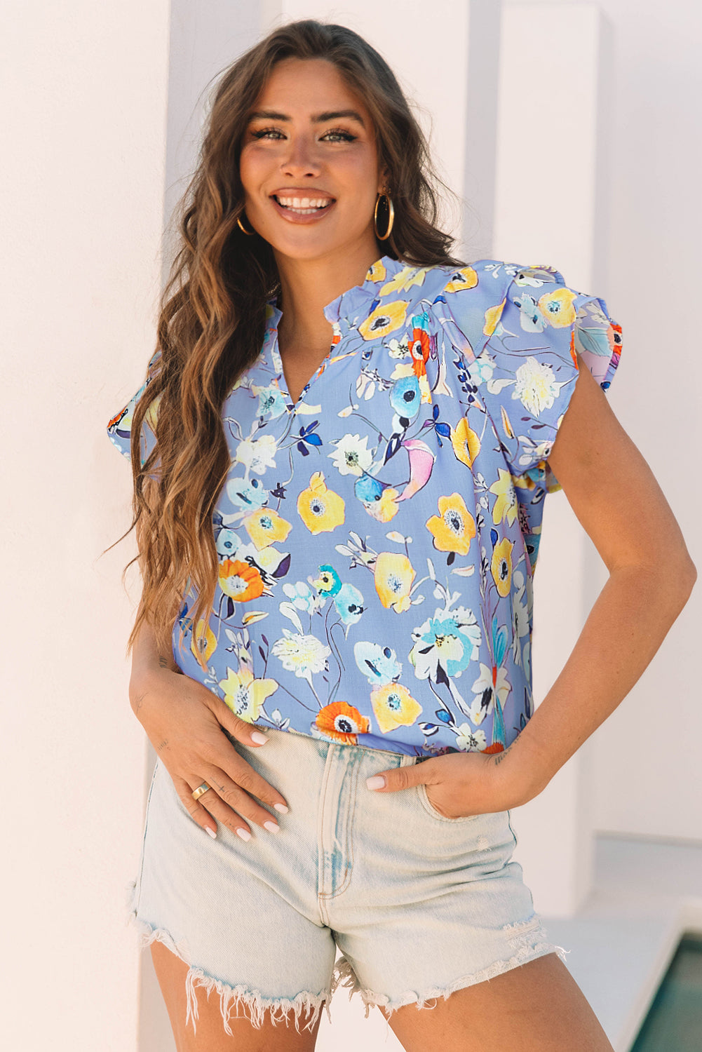 Aadhya Flutter Sleeve V Neck Floral Top